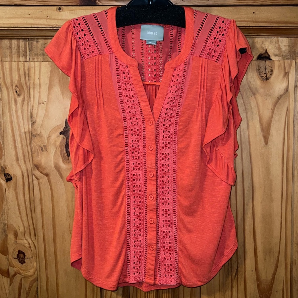 Anthropologie Maeve orange flutter sleeve button down knit top. Size XS.…